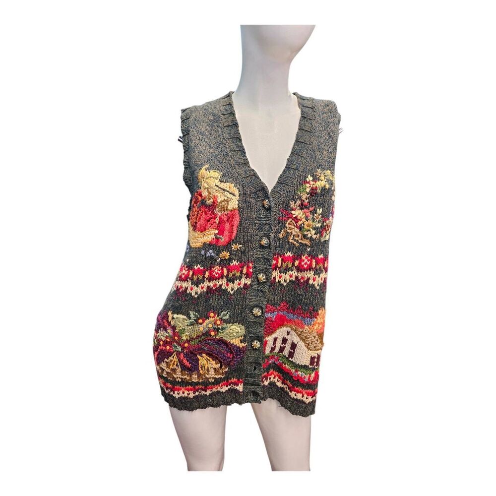 Tiara International 80's Green Knit Cardigan Sweater Vest Womens Medium Cottage - Picture 2 of 9